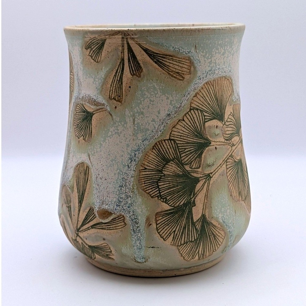 Maddy Made Pottery Ginkgo Leaf Ceramic Vase Tumbler Green Artisan Studio Art